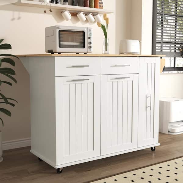 ARTCHIRLY White Rubber Wood Top 46 in. Kitchen Island with 3 Tier Pull Out Cabinet Organizer, Drop Leaf and Internal Storage Rack