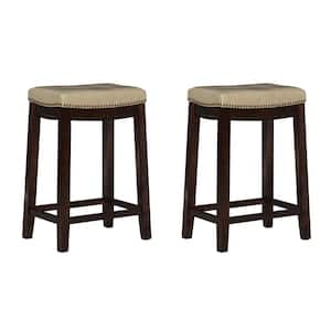 Concord 26.5 in. Seat Height Dark Brown Backless wood frame Counterstool with Beige Faux Leather seat (set of 2)
