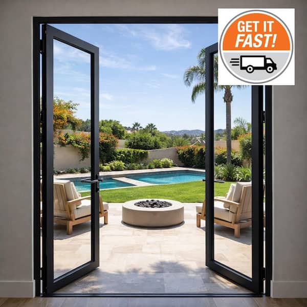 72 in. x 80 in. Mat Black Left Swing/Outswing Aluminum French Patio Door with Aluminum Frame and Lockset