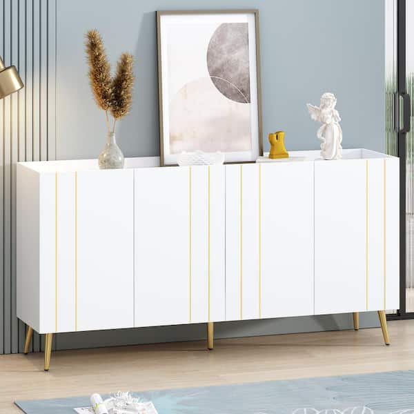 White Wood Pantry Organizer, Sideboard Cabinet with 5-Metal Legs and 4-Adjustable Shelves