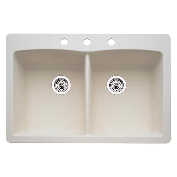Blanco Diamond Dual-Mount Granite 33 in. 3-Hole 50/50 Double Bowl Kitchen Sink in Biscuit