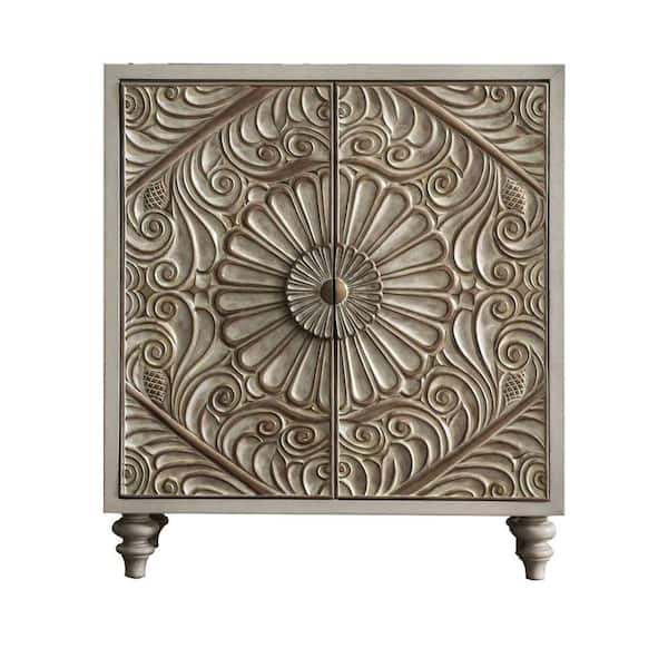 Benjara White Ivory Wine Cabinet with Polyresin Floral Design