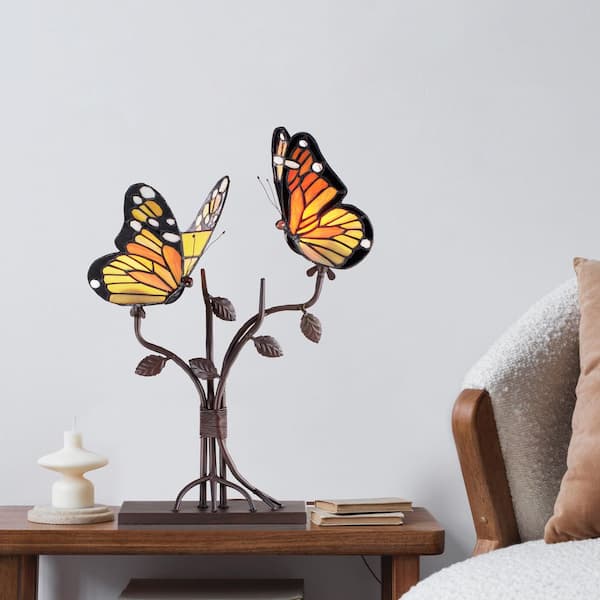 River of Goods Mila 20.5 in. Bronze Block Base and Stained Glass Table Lamp with Multicolor Butterfly Shaped Shades