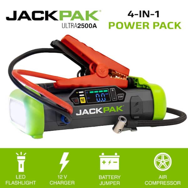 JACKPAK 150 PSI 2,500 Amp Ultra Multi-function 4-in-1 Jump Starter, Air  Compressor, Flashlight, and Portable Charger 5180050 - The Home Depot