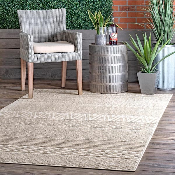 Kamryn Raised Tribal Bands Beige 9 ft. x 12 ft. Indoor/Outdoor Patio Area Rug