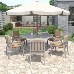 Antique Gray Wood Ootdoor Dinning Set 6-Person Outdoor Wooden Table with an Umbrella Hole and Brown Cushions