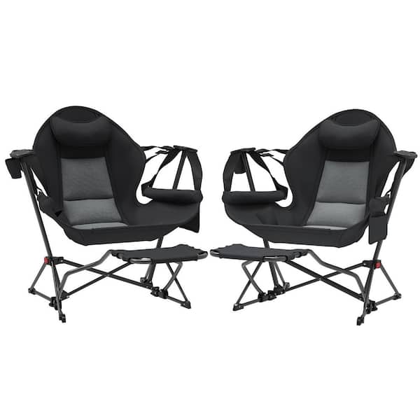 Hammock Camping Chair Set of 2, Adjustable Back Folding Rocking Chair with Cup Holder and Padded Seat, Black