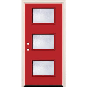 36 in. x 80 in. Right-Hand/Inswing 3 Lite Rain Glass Ruby Red Painted Fiberglass Prehung Front Door w/4-9/16 in. Frame