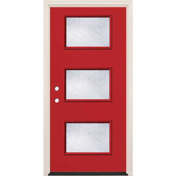 Builders Choice 36 in. x 80 in. Right-Hand/Inswing 3 Lite Rain Glass Ruby Red Painted Fiberglass Prehung Front Door w/4-9/16 in. Frame
