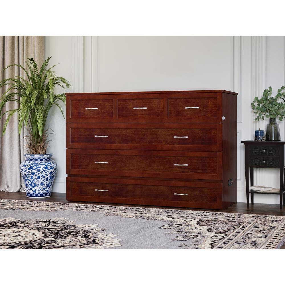 Northfield Walnut Queen Murphy Bed Chest with Built-in Charger and Memory Foam Mattress