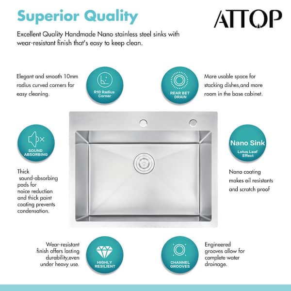 Attop Handmade Stainless steel 28 in. Single Bowl Top Mount