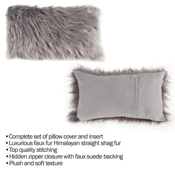 Fable Soft Gray Vegan Washable Faux Fur lumbar decorative Pillow, Decorative  Pillows