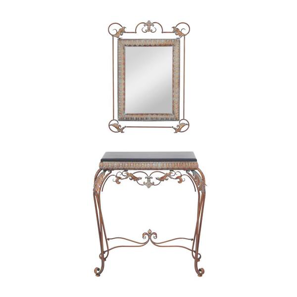 Bronze Metal Traditional Console Table, Ornate Hall Table And Mirror Set
