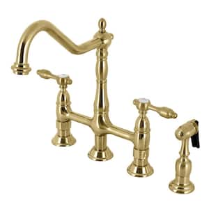 Tudor Double Handle Deck Mount Gooseneck Bridge Kitchen Faucet with Brass Sprayer in Brushed Brass