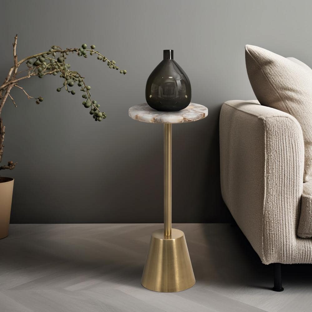 Gold Agate Top Round Metal Accent Table, 24"