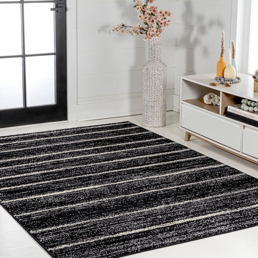 Williamsburg Minimalist Stripe Black and Cream Synthetic Rectangular Area Rug