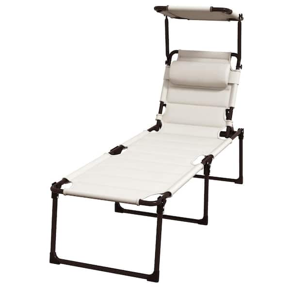 Unbranded Adjustable Folding Metal Outdoor Lounge Chair with White Cushion, Sunshade Roof and Pillow for Beach, Camping, Hiking