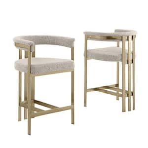 Riley 30 in. Grey Color Low Back Metal Frame Matte Brushed Gold Chrome Base Bar Stool With Boucle Fabric Set of 2