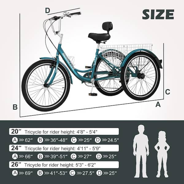 Adult Tricycle with 7 Speed 26 in. Wheel Cruiser Bike with Basket and Backrest for Seniors Women Men Peacock Green M P26 KQL AHD02 The Home Depot