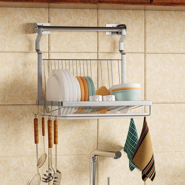 Foldable Silver Stainless Steel Wall-Mounted Over-Sink Dish Rack with Drainboard, Rod and Sponge Holder