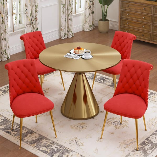 Boyel Living 5-Piece Round Gold MDF Top Table Set Seats 4 (4-Red Dining Chairs)