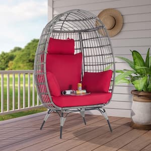 Oversized Outdoor Gray Rattan Egg Chair Patio Chaise Lounge Indoor Living Room Basket Chair with Red Cushion