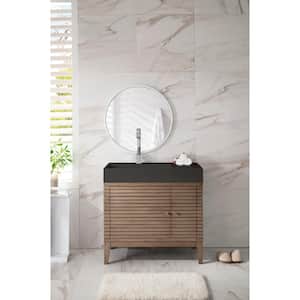 Linear 36 in. W Single Bath Vanity in Whitewashed Walnut with Solid Surface Vanity Top in Dark Gray with Basin