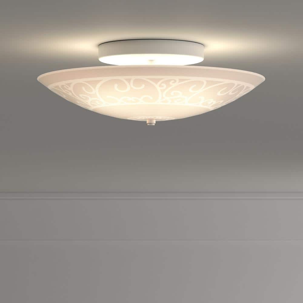White Glass Semi-Flush Mount Ceiling Light with Scroll Design