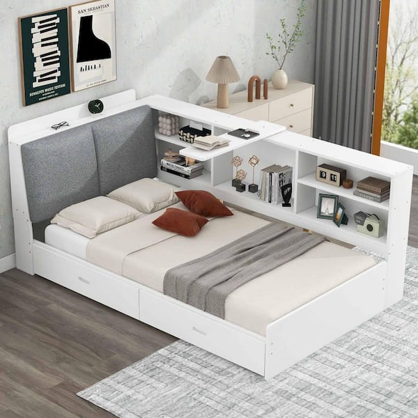 Polibi White Wood Frame Twin Size Platform Bed with Storage Headboard,Shelves and 2 Drawers