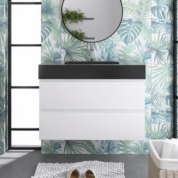 Staykiwi 36 in. W x 18 in. D x 25.2 in. H Single Sink Wall-Mounted Bath Vanity in White with Black Solid Surface Top