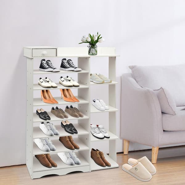 43.5 in. H 14-Pair 7-Tier White Wood Double Rows Shoe Rack Vertical Wooden  Shoe Storage Organizer