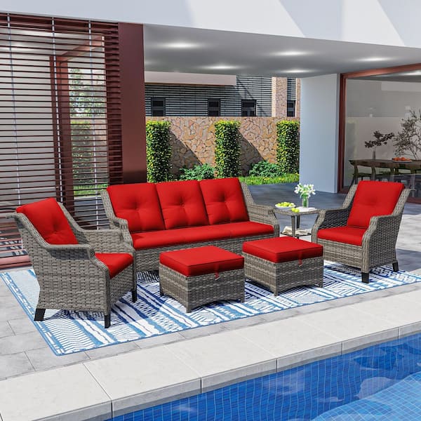 6-Piece Rattan Patio Sofa Conversation Set with Polyester Red Cushions