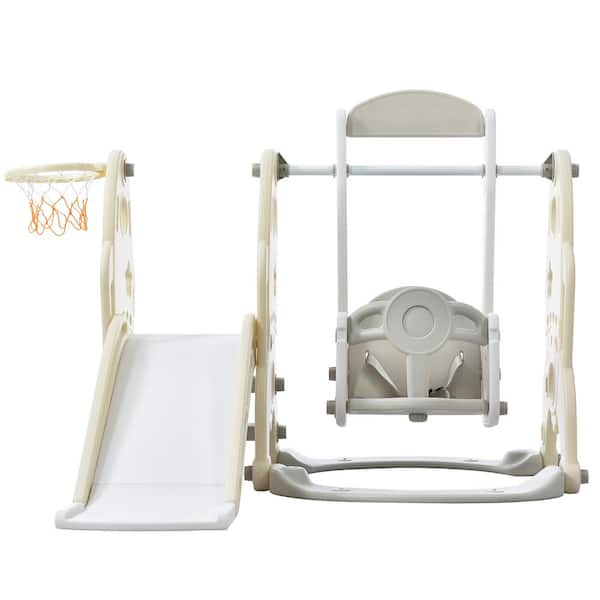 YOFE Yellow 3-in-1 HDPE Indoor/Outdoor Playground Playset Kids Swing Set with Toddler Slide and a basketball Hoop