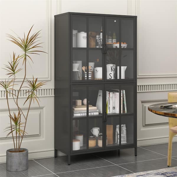 Black 63 in. H 4 Glass Door Accent Storage Cabinet with Adjustable Shelves, Adjustable Feet and Anti-Tipping Device