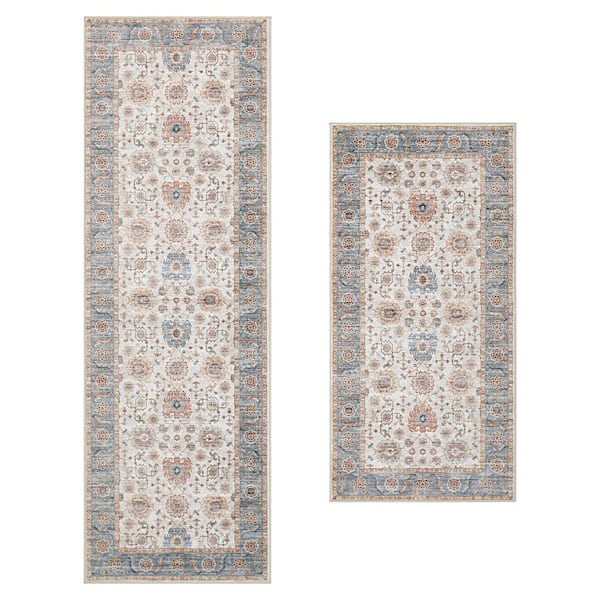 Dalileh Neutral 2 ft. x 6 ft. Woven Medallion Polyester 2-Piece Rug Set