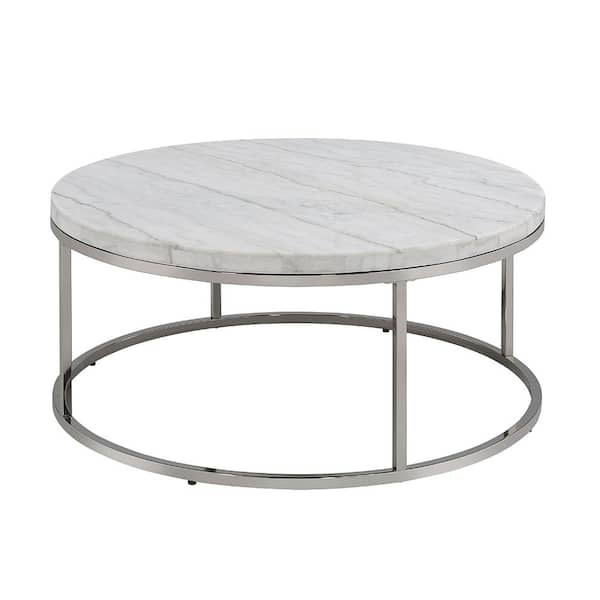 Acme Furniture Zaidee 36 in. Nickel Round Marble Coffee Table with No Additional Features