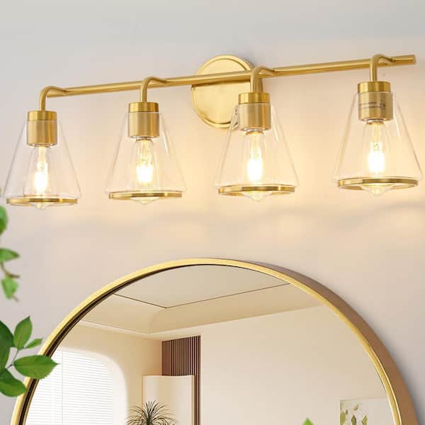 Modern 30.31 in. 4 Light Gold Vanity Light with Glass Shade with Metal Ring, Dimmable Sconces Wall Lighting for Bathroom