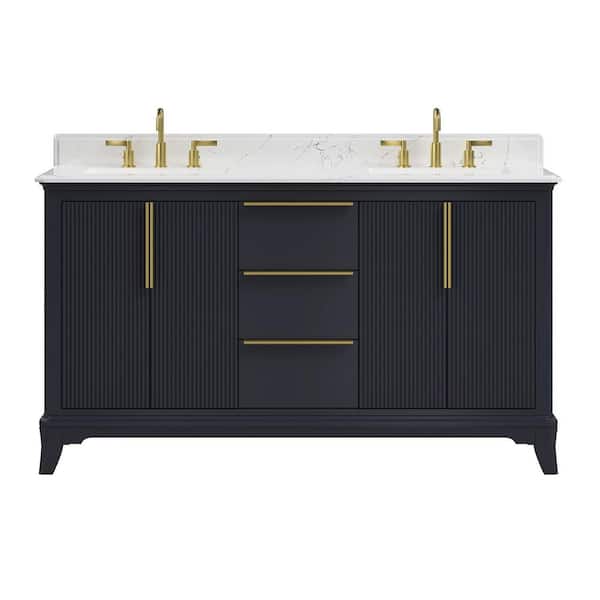 Rothen 61 in. Double Sink Freestanding Dark Blue Bath Vanity with White Engineered Stone Top and Backsplash Assembled