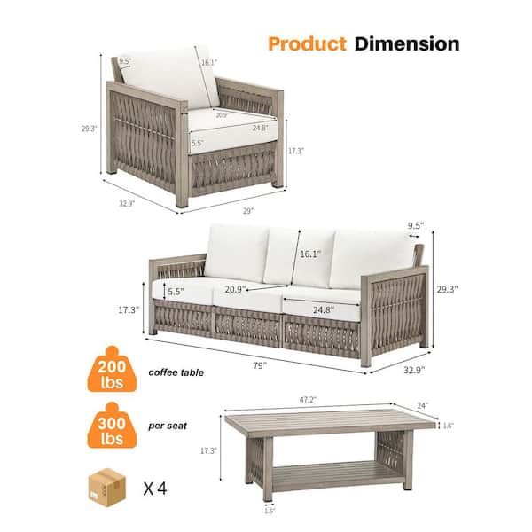 CikaCika Brown 4-Piece Woven Rope Aluminum Outdoor Patio