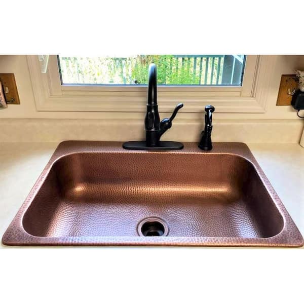 Angelico All-In-One Copper Drop-In 33 in. 3-Hole Single Bowl Kitchen Sink with Pfister Bronze Faucet and Drain Angelico All-In-One Copper Drop-In 33 in. 3-Hole Single Bowl Kitchen Sink with Pfister Bronze Faucet and Drain