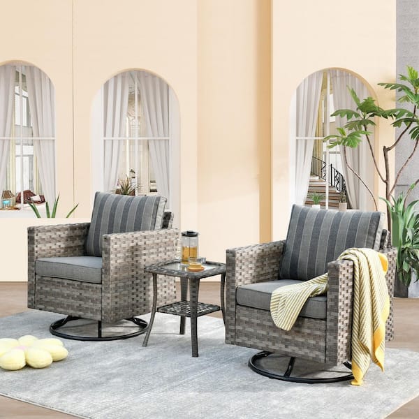 XIZZI Isabella Gray 3-Piece Wicker Outdoor Rocking Chair Set with Gray Stripe Cushions
