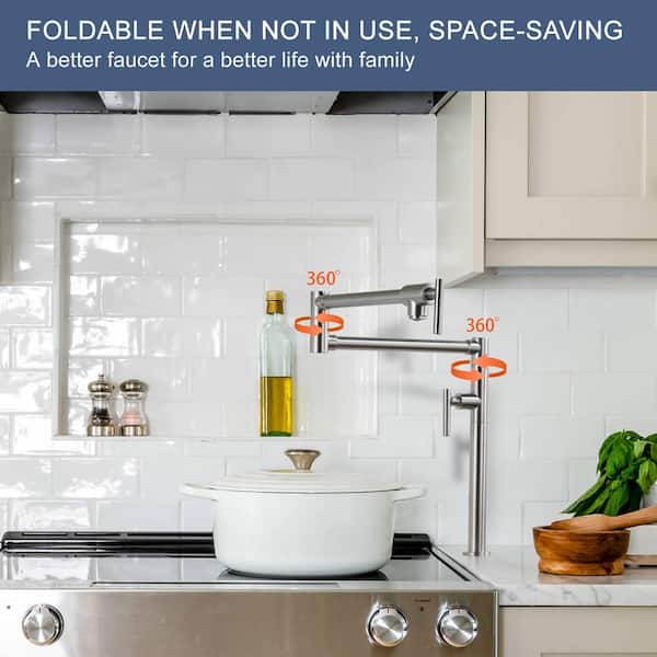 Solid Brass Deck Mount Pot Filler Faucet, Pot Filler with Stretchable Double Joint Swing Arm in Brushed Nickel