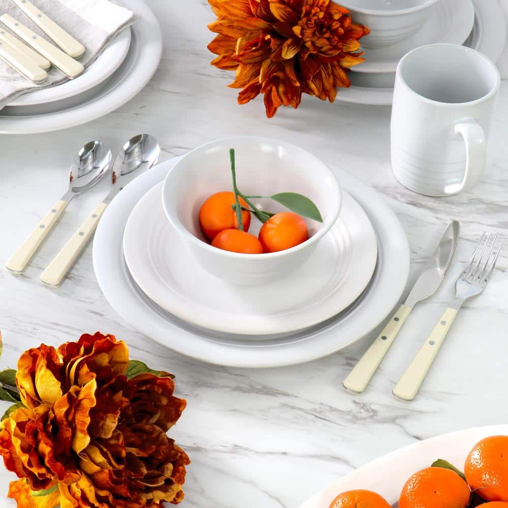 Linen White Ceramic 32-Piece Dinnerware and Flatware Set