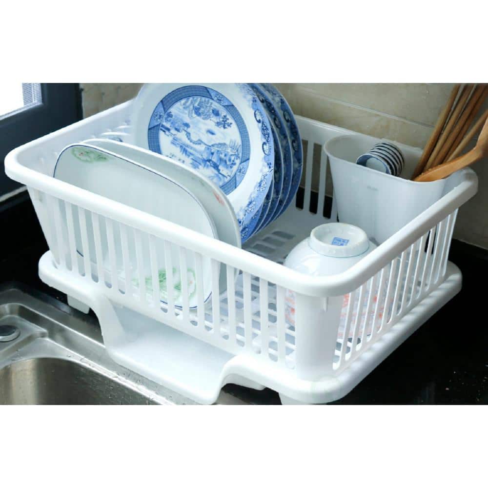 White Heavy Duty Plastic Dish Drying Rack with Utensil Cup