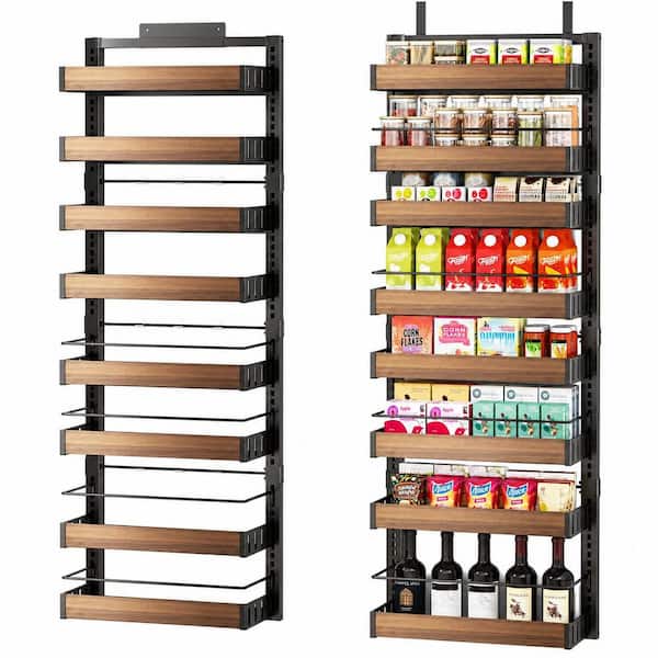 8-Tier Black Over-the-Door or Wall-Mount Pantry Organizer with Adjustable Baskets for Kitchen Storage
