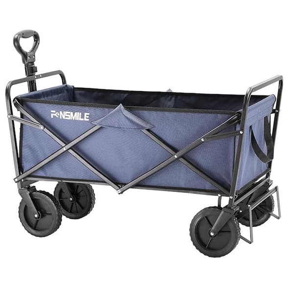 4.9 cu. ft. Fabric PVC Garden Cart, 2-Fold Collapsible Wagon Cart with Metal Frame, Cup Holder, Adjustable Handle, Blue