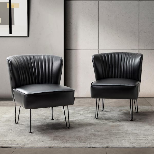 JAYDEN CREATION Christiano Modern Black Faux Leather Comfy Armless Side Chair with Thick Cushions and Metal Legs Set of 2