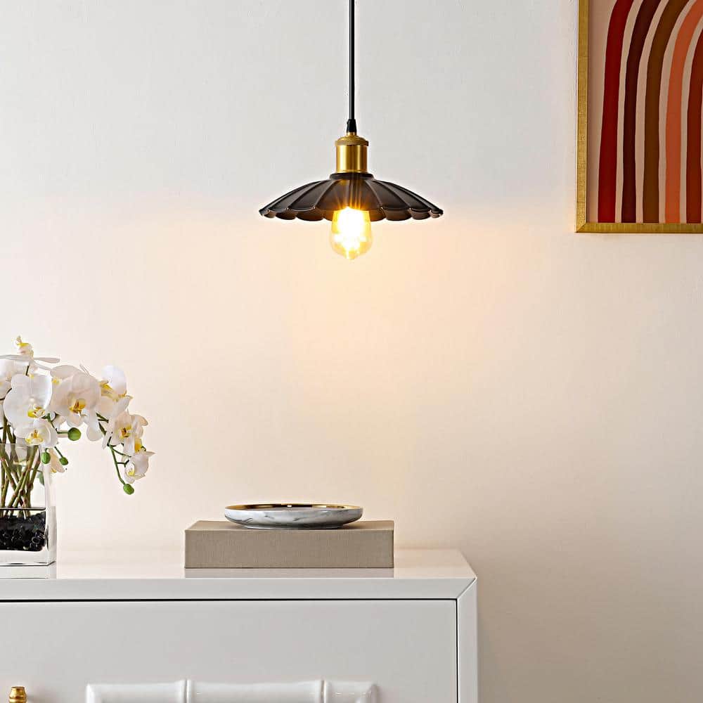 Novaire Vintage Umbrella Black Iron Pendant with Brass Accents