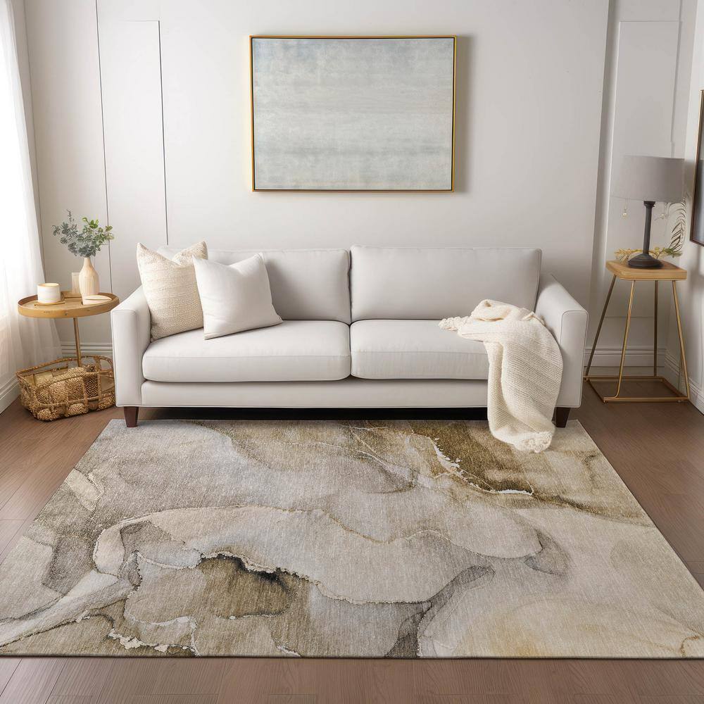 Beige and Brown Synthetic Flat Woven Reversible Rug 5' x 7'