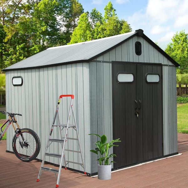 8 ft. W x 12 ft. D Outdoor Gray Resin Storage Shed with Lockable Double Door, Windows, Vents (96 sq. ft. )